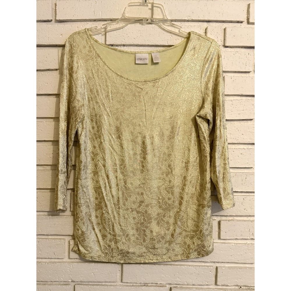 Chicos 0 Yellow Metallic Geometric Foil Print Top 3/4 Sleeve Size Small/4